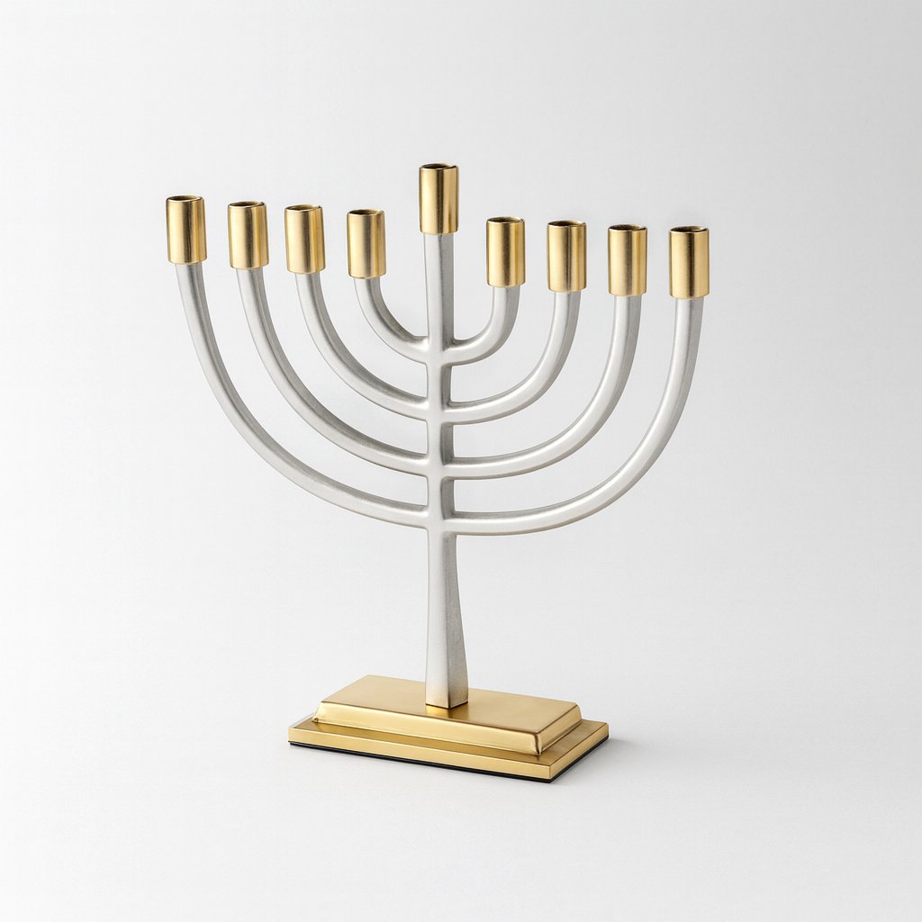 חנוכייה לנרות אלומיניום מהודרת עם קנים זהב 19 ס"מ