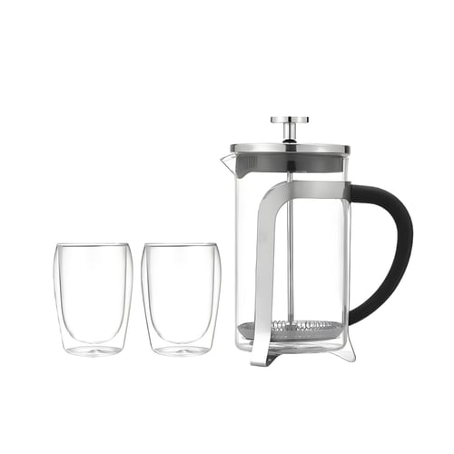 מארז קפה יוקרתי: פרנץ' פרס 350 מ"ל וזוג כוסות אספרסו דופן כפולה