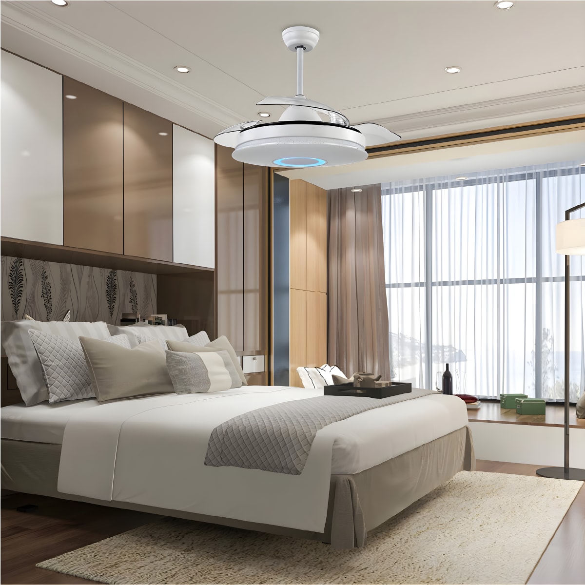 מאוורר תקרה חכם עם תאורת לד ורמקול בלוטות'