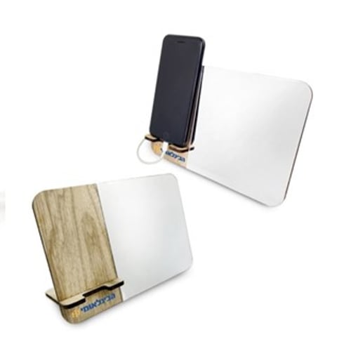 מעמד לנייד מעץ עם מראה מעוצבת