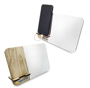 מעמד לנייד מעץ עם מראה מעוצבת