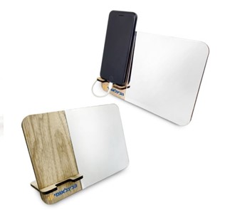 מעמד לנייד מעץ עם מראה מעוצבת