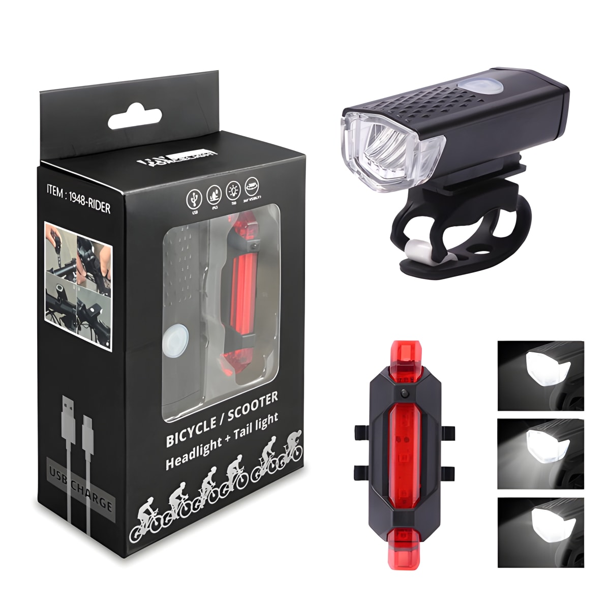 סט תאורה USB נטען לאופניים וקורקינטים 'ריידר'