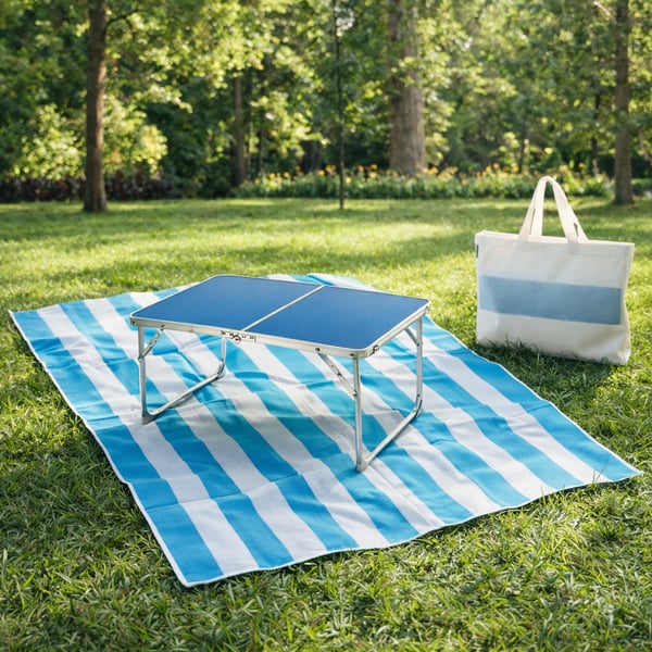 Perfect Picnic and Beach Set - Folding Aluminum Table and Double Mat with Carry Bag