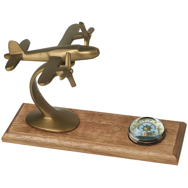 מעמד שולחני מעוצב מטוס נחושת עם מצפן על בסיס עץ