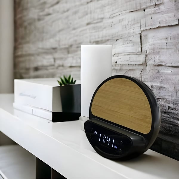 Elegant Digital Clock with 10W Wireless Charger in Bamboo and Metal