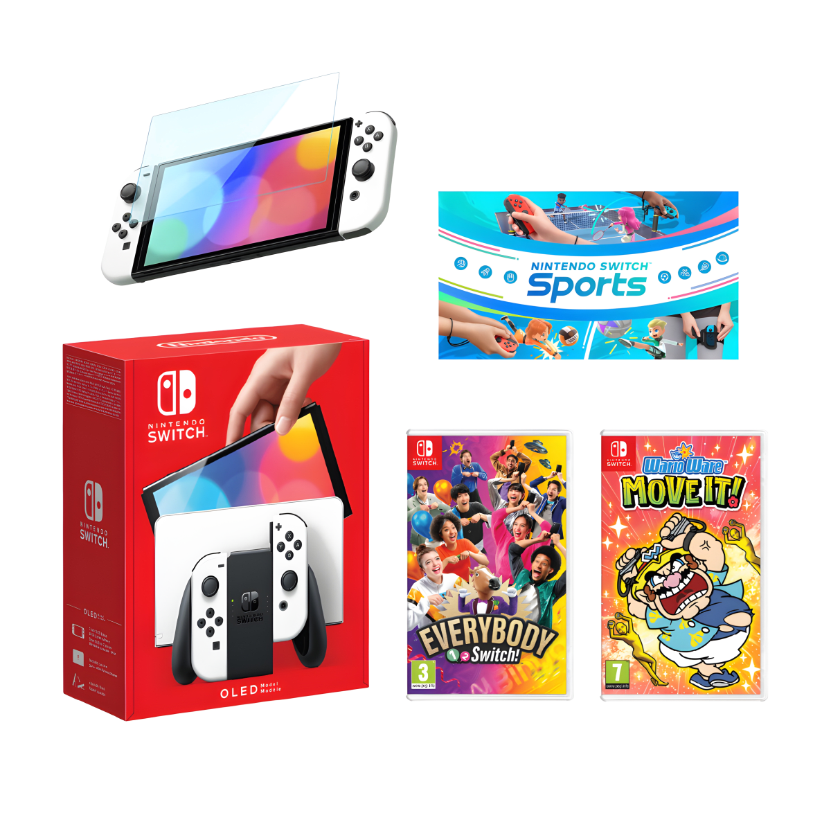 חבילת Nintendo Switch OLED לבן עם משחקים ומגן מסך