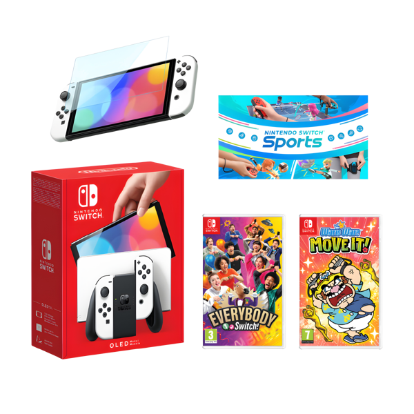 חבילת Nintendo Switch OLED לבן עם משחקים ומגן מסך