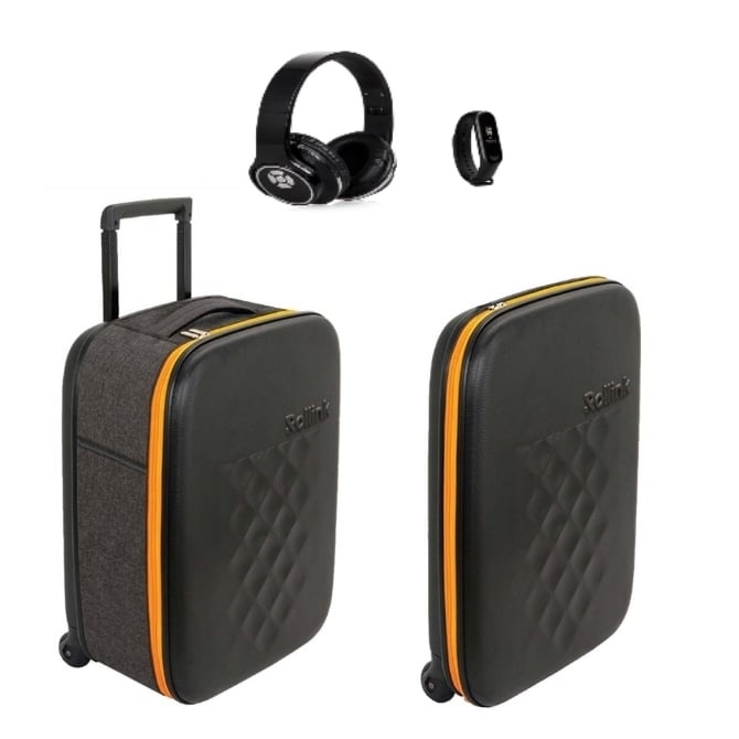 מארז פרימיום: מזוודת טרולי Rollink, אוזניות אלחוטיות לרמקול, וצמיד ספורט חכם