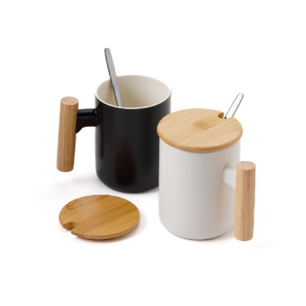 כוס פורצלן עם מכסה במבוק וכפית נירוסטה - 380 מ"ל