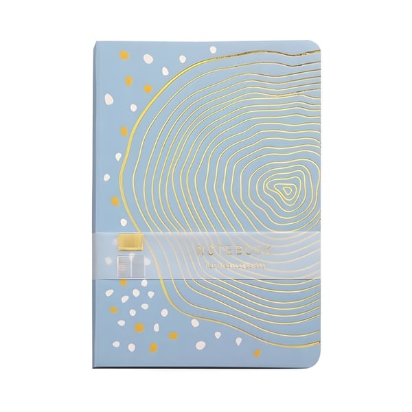 Stylish Notebook with Yellow Swirl on Blue Background