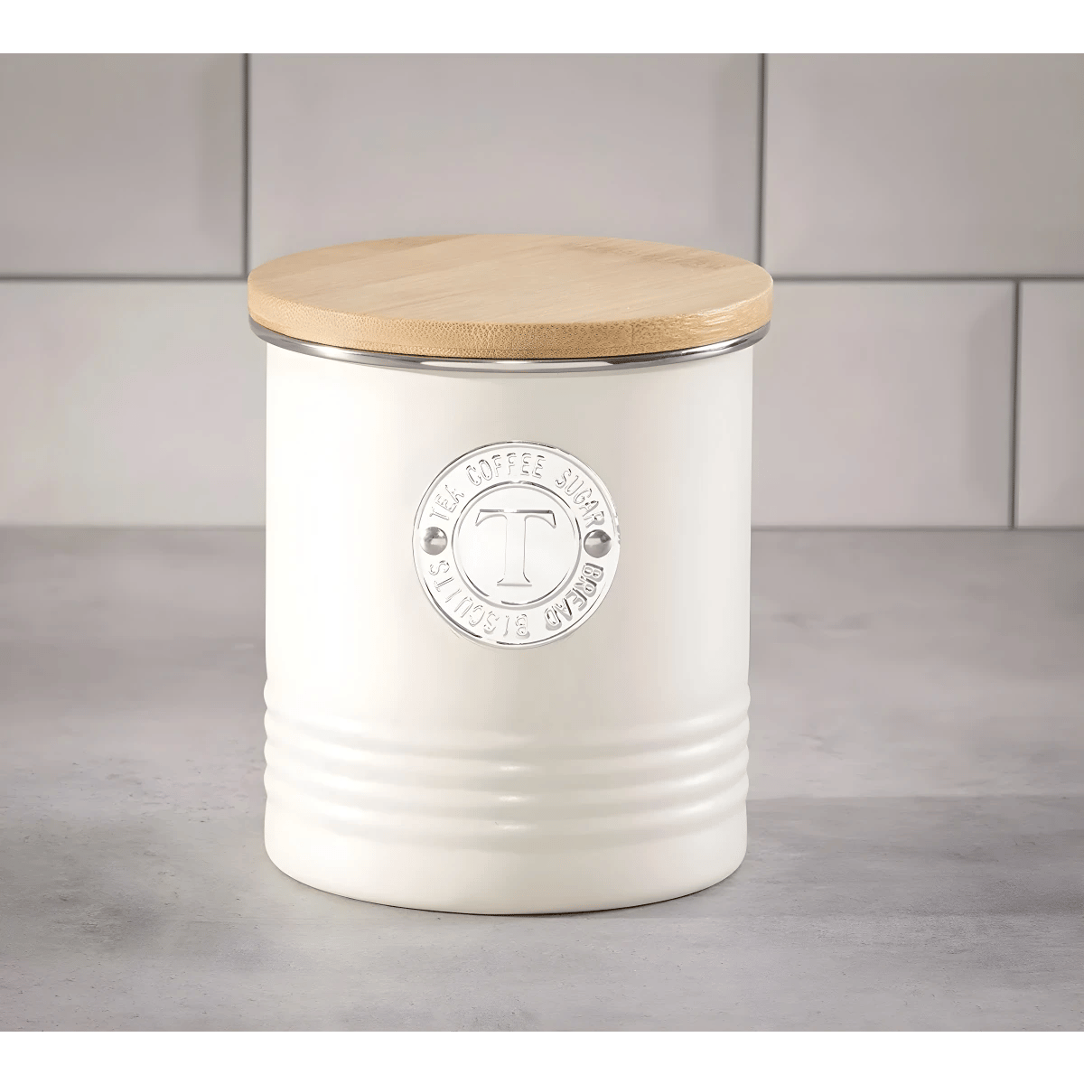 סט אחסון קרמי עגול עם מכסה במבוק – קפה, סוכר ותה