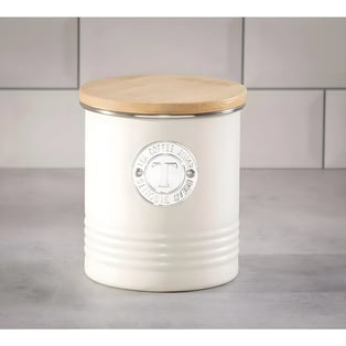 סט אחסון קרמי עגול עם מכסה במבוק – קפה, סוכר ותה