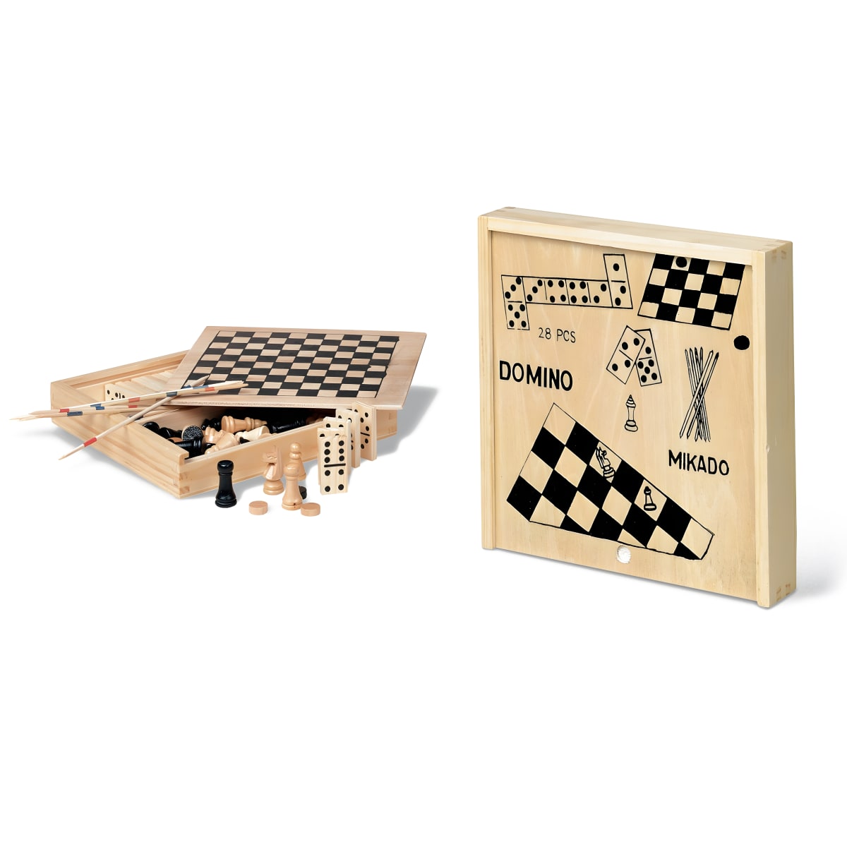 קופסת משחקים מעץ טבעי - סט קומפקטי לקטנים