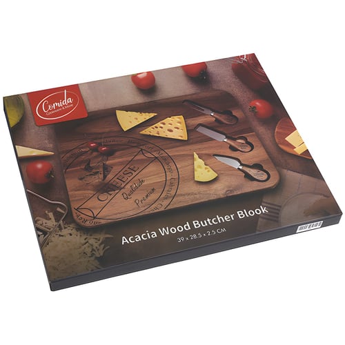 Comida סט מהודר לחיתוך גבינות מעץ אקציה עם 3 סכינים