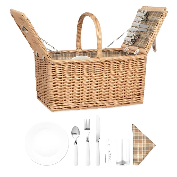 4-Person Wicker Picnic Basket with Stainless Steel Utensils & Ceramic Plates