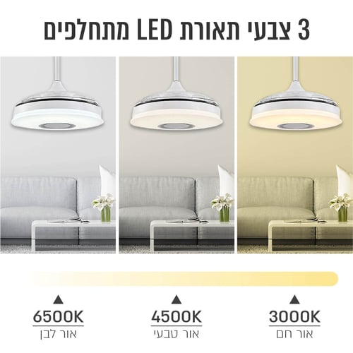 מאוורר תקרה חכם עם תאורת לד ורמקול בלוטות'