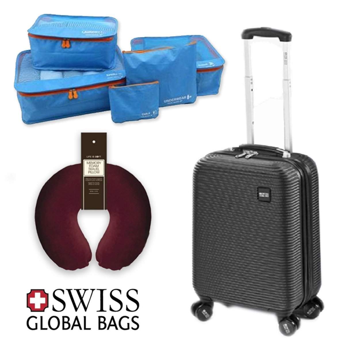 סט טיסה פרימיום - מזוודת SWISS 20', ארגוניות אחסון וכרית ויסקו