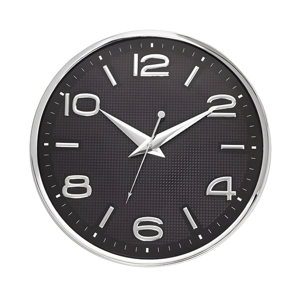 שעון קיר קרבון שחור עם עדשה קעורה וספרות מובלטות 33 ס"מ