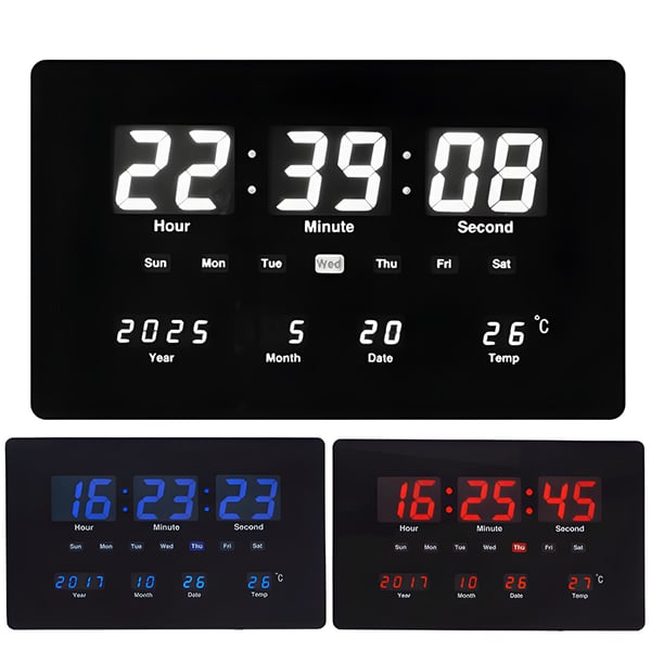 Black Digital Wall and Desk Clock with Calendar and Temperature Display