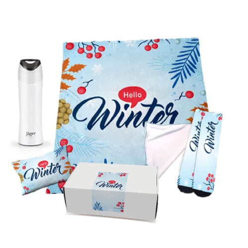 מארז חורפי ממותג לבית - כולל גרביים, שמיכת פליז, כרית חימום ובקבוק יאגר