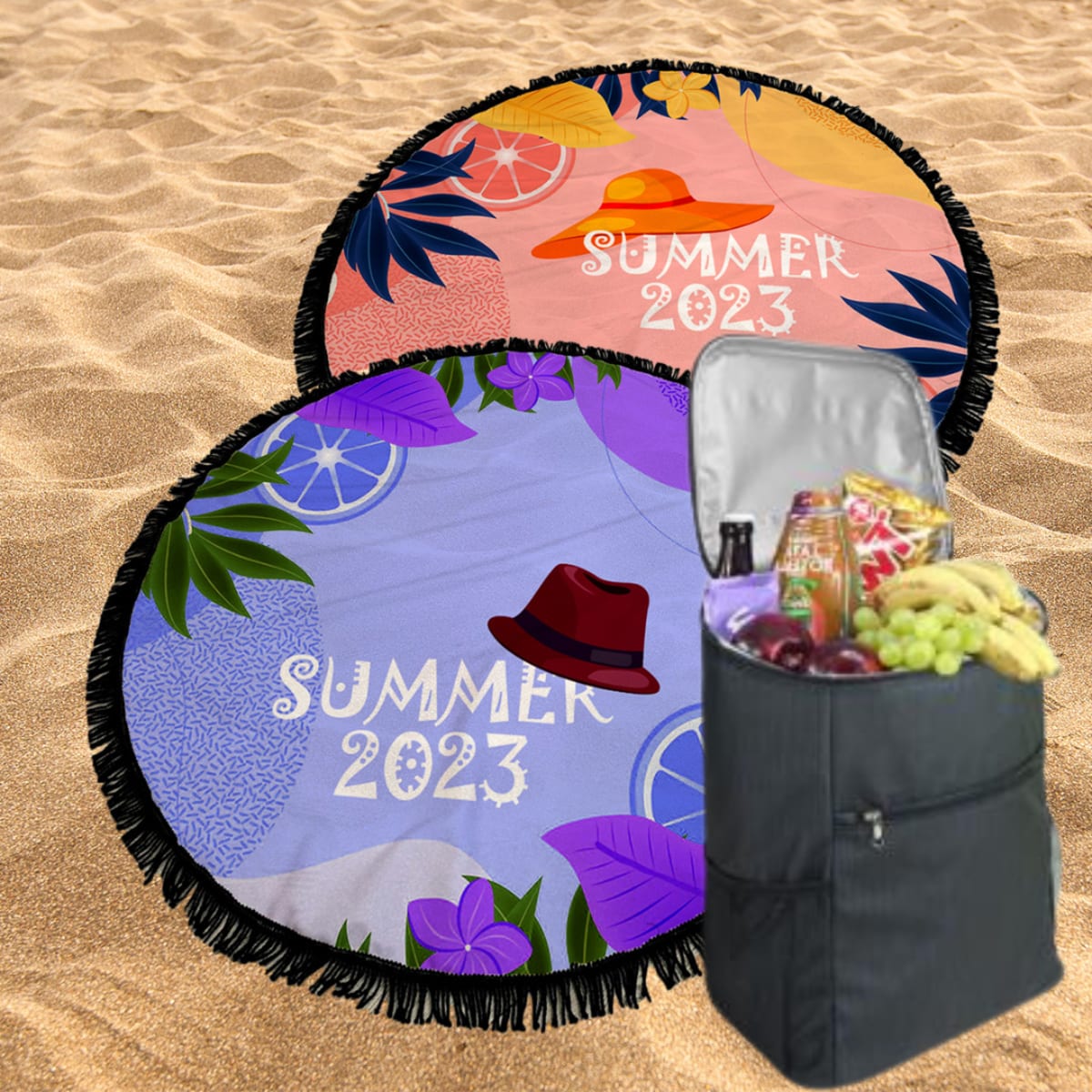 מארז ים ופיקניק יוקרתי לזוג: מגבות עגולות ותיק צידנית מעוצב