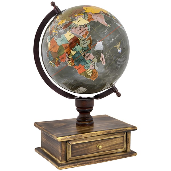 גלובוס וינטג' על קשת מתכת ובסיס עץ עם מגירה