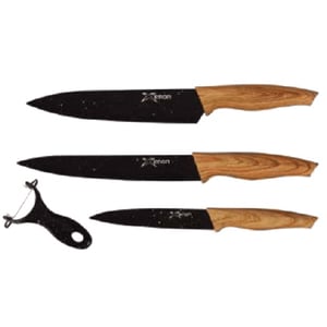 סט מתנה: 3 סכיני חיתוך מצופים שיש עם קלפן קרמי - מתנה מעולה למטבח