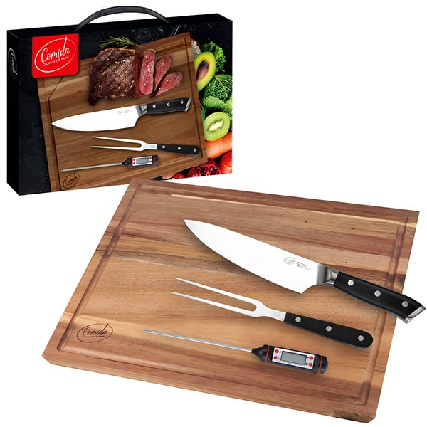 Premium Kitchen Knife Set: Santoku, Thermometer, Fork, and Wooden Board
