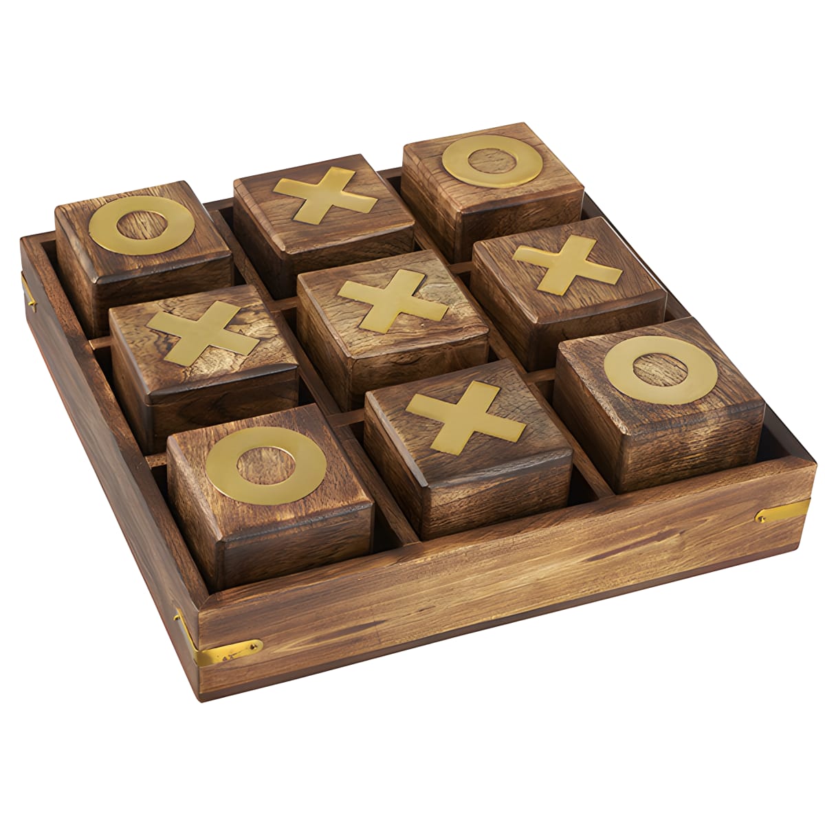 משחק איקס עיגול יוקרתי עם קוביות עץ ונחושת על בסיס עץ מהודר