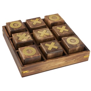 משחק איקס עיגול יוקרתי עם קוביות עץ ונחושת על בסיס עץ מהודר