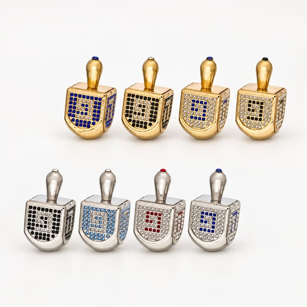 Metal Dreidel N.G.H.P with Stones – 4 cm, Gold/Silver