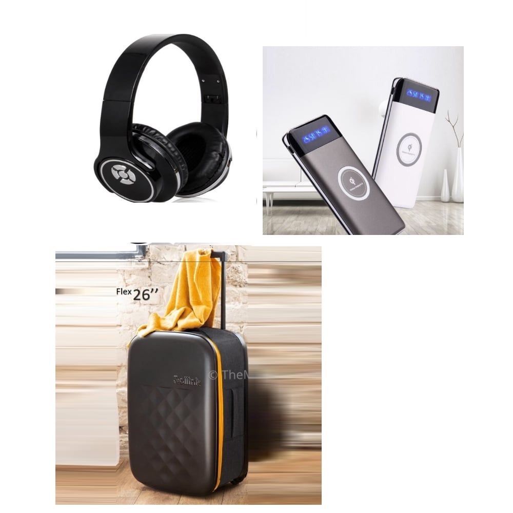 מארז טיסה יוקרתי: מזוודה דקה, אוזניות בלוטות' וסוללת גיבוי