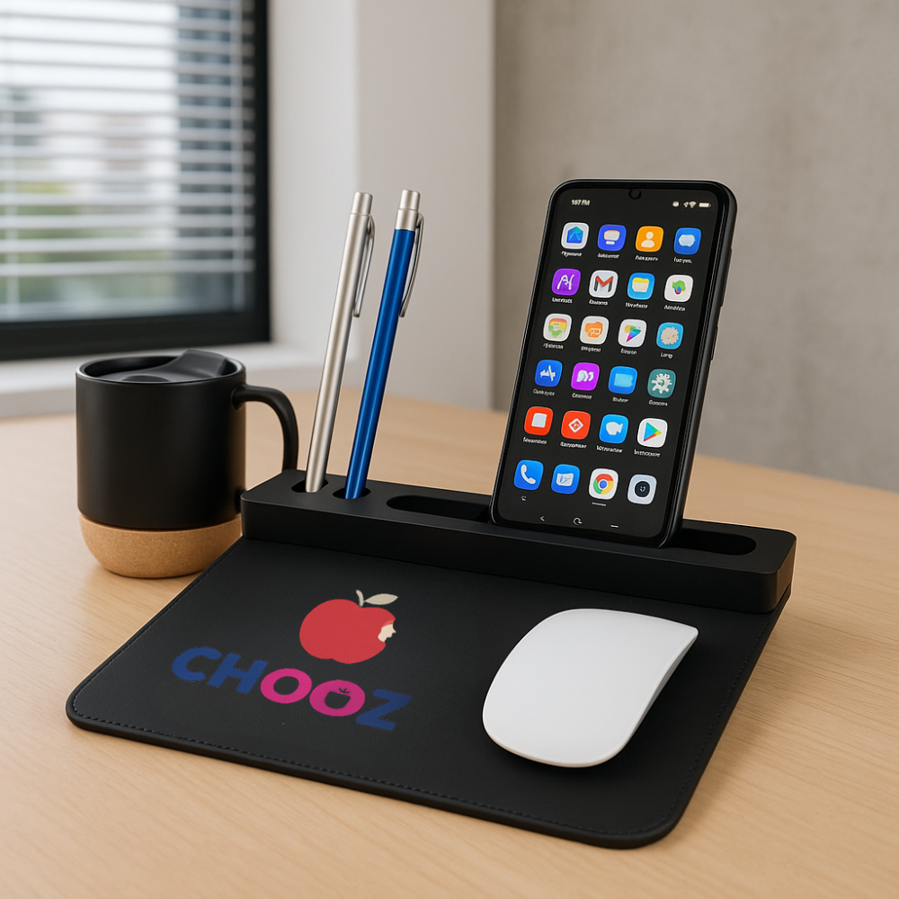 מארז למשרד הכולל משטח לעכבר משולב מטען אלחוטי וספל פורצלן