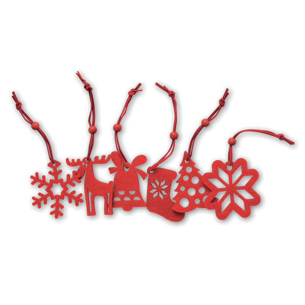 Red Felt Tree Ornaments Set - 6 Unique Designs