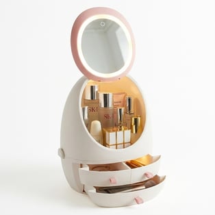 ארגונית חכמה לתכשיטים ומוצרי טיפוח עם מראה ותאורת LED