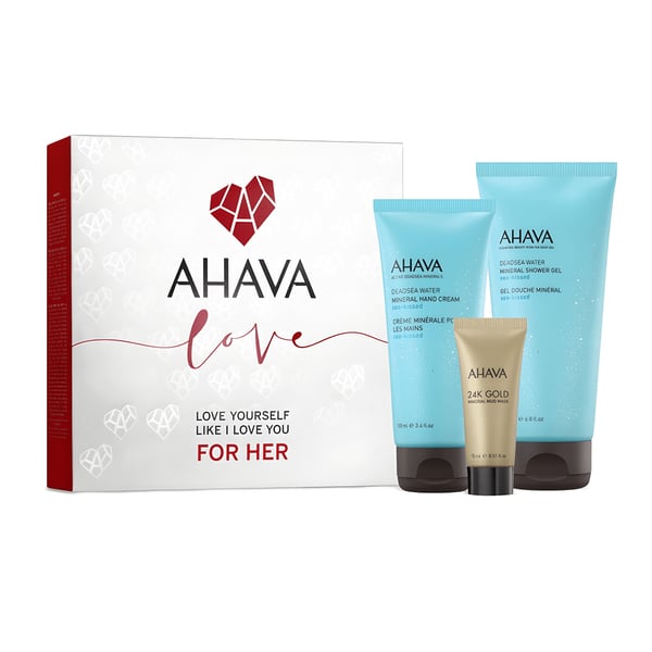 ערכת טיפוח מינרלית מושלמת לאישה עם קרם ידיים, ג'ל רחצה ומסכת זהב מבית AHAVA