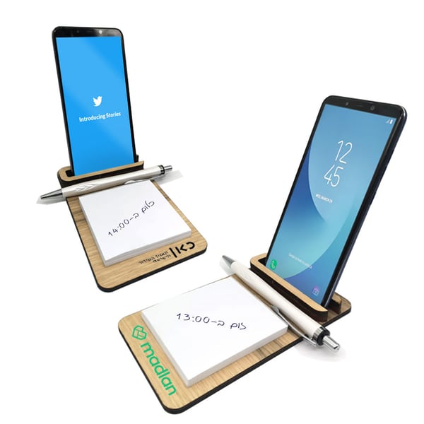 Unique Wooden Mobile Stand with Memo Pad & Pen