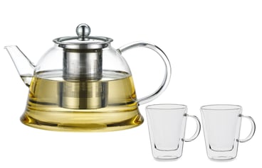 מארז תה יוקרתי - קנקן זכוכית עם מסננת וזוג כוסות דופן כפולה