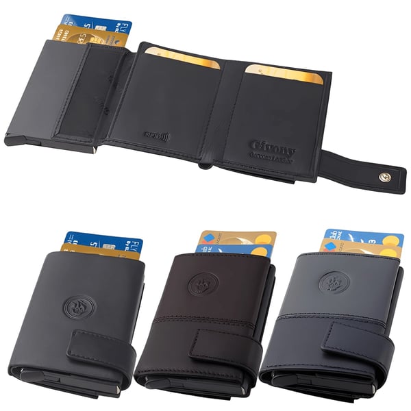 Leather Safety Wallet with RFID & NFC Protection - Card Ejection and Coin Pocket