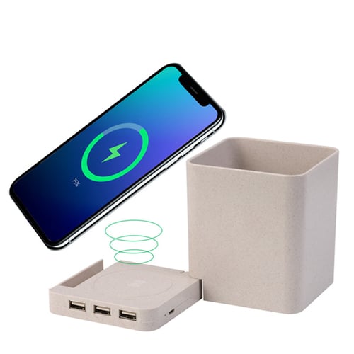 "אינדו" מטען אלחוטי ומפצל USB בכוס לעטים