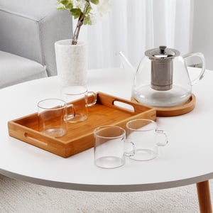 סט יוקרתי להגשת תה עם קנקן זכוכית, מגש במבוק ו-4 כוסות