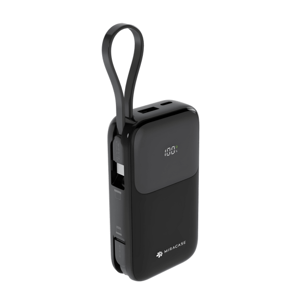 סוללת טעינה ניידת קומפקטית 10000mAh עם כבלי USB מובנים ותצוגה דיגיטלית - שחור MIRACASE