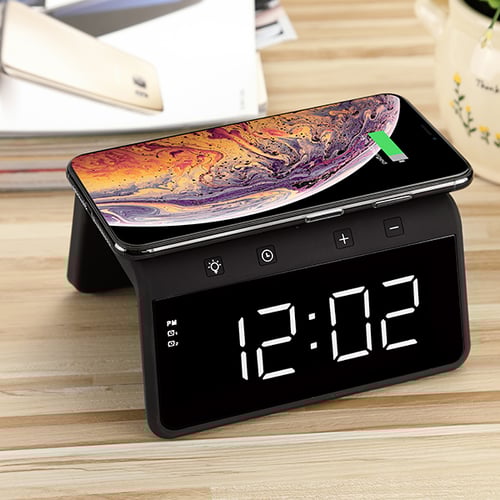 מטען אלחוטי מהיר 10W משולב עם שעון דיגיטלי ספרות לד לבנות ותאורת לד - שחור