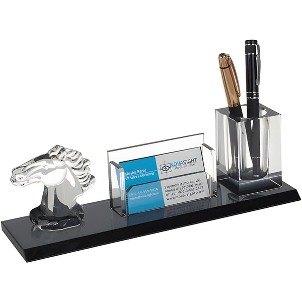 מעמד קריסטל מעוצב עם כוס לעטים ומחזיק לכרטיסי ביקור