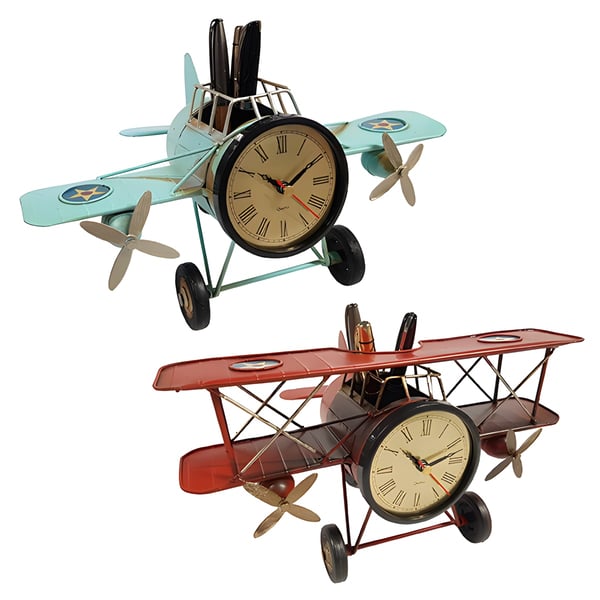 Retro Style Desk Clock with Antique Airplane Pen Holder
