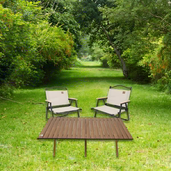 Camping Set: Wood Table & 2 Foldable Metal Chairs