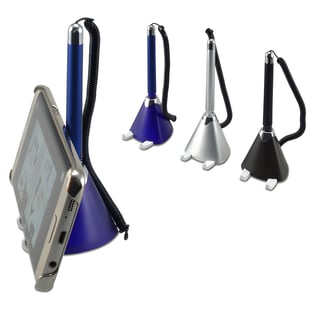 עט ומעמד לטלפון נייד עם כבל מסולסל ומדבקה קבועה