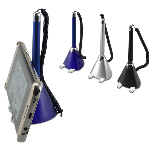 עט ומעמד לטלפון נייד עם כבל מסולסל ומדבקה קבועה