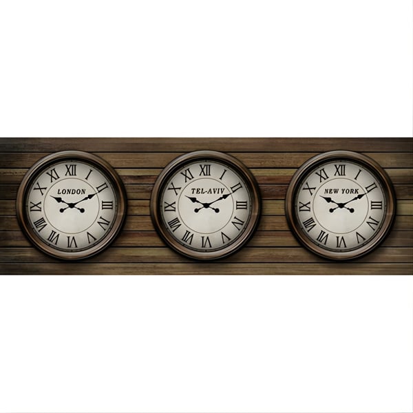 שעון קיר אנלוגי בעיצוב עץ בינלאומי - תל אביב, לונדון, ניו יורק